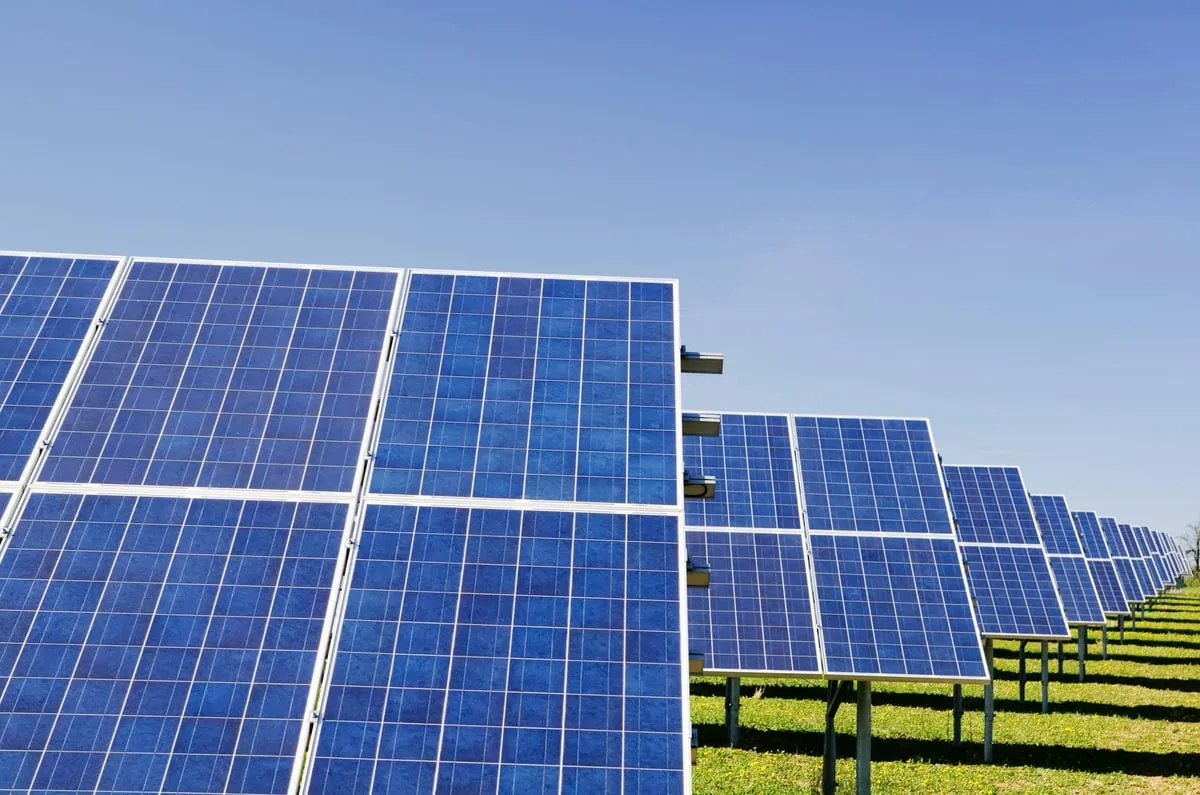 Fileiras de painéis solares fotovoltaicos sob céu azul